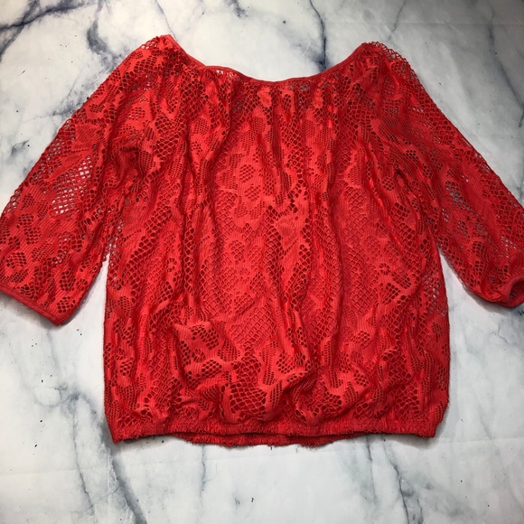 Boston Proper Coral Orange Floral Lace Mesh Blouse - Picture 3 of 8